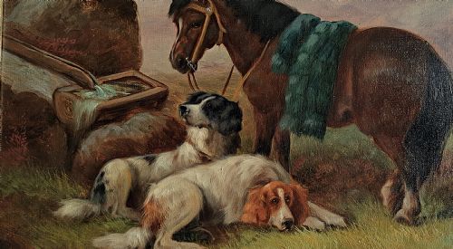 ROBERT CLEMINSON 19TH CENTURY OIL PAINTING PONY GUN DOGS AT REST - ADDITIONAL PHOTO 3
