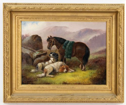 ROBERT CLEMINSON 19TH CENTURY OIL PAINTING PONY GUN DOGS AT REST - ADDITIONAL PHOTO 5