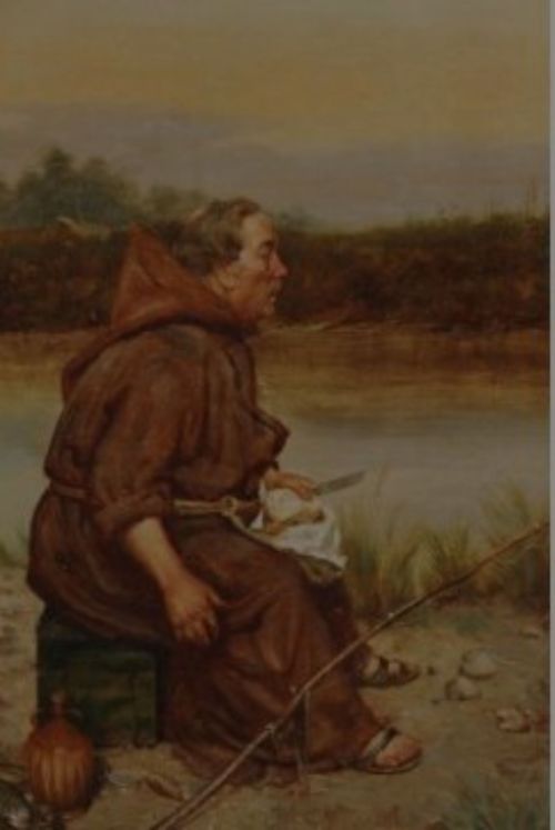 19TH CENTURY OIL PAINTING MONK FISHING BY FRANK HYDE - ADDITIONAL PHOTO 2