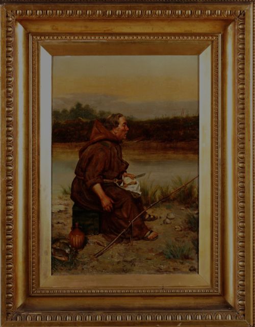 19TH CENTURY OIL PAINTING MONK FISHING BY FRANK HYDE - ADDITIONAL PHOTO 3