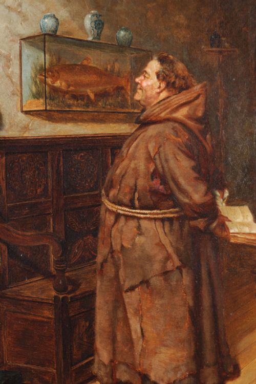 fig 1. A 19th-century framed oil painting depicting a monk in a brown robe looking at a mounted fish in a glass display case.