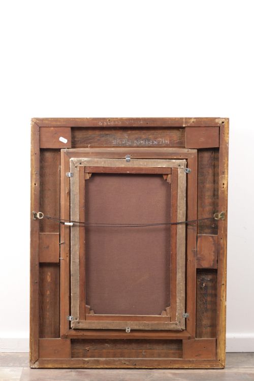 fig 2. A 19th-century framed oil painting depicting a monk in a brown robe looking at a mounted fish in a glass display case.