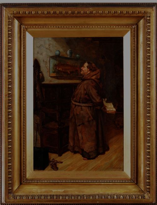 fig 4. A 19th-century framed oil painting depicting a monk in a brown robe looking at a mounted fish in a glass display case.
