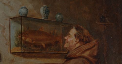 fig 5. A 19th-century framed oil painting depicting a monk in a brown robe looking at a mounted fish in a glass display case.
