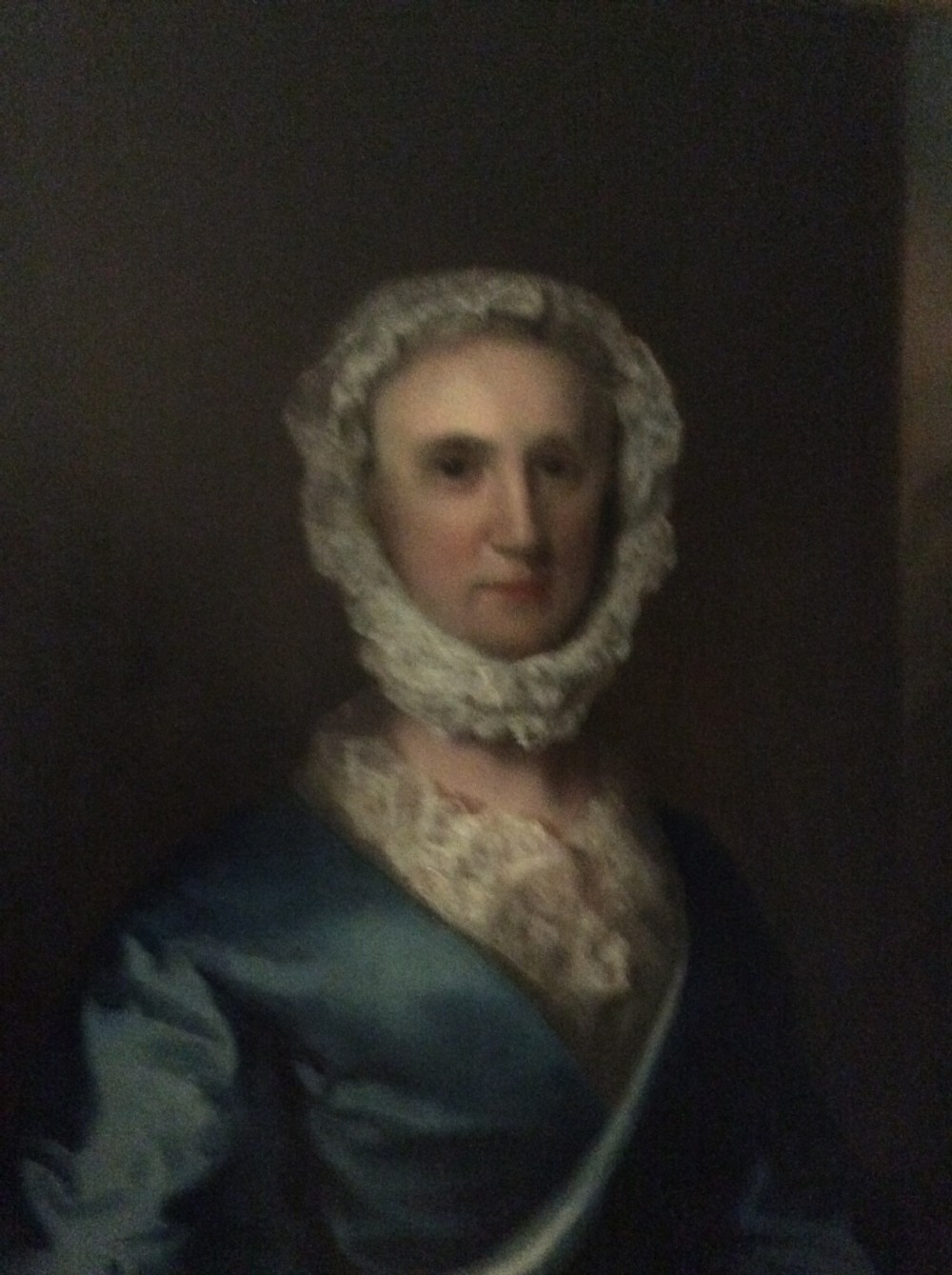 An 18th-century oil painting on canvas depicting a seated woman in a blue satin dress and lace cap, displayed inside an ornate carved giltwood frame. View VI