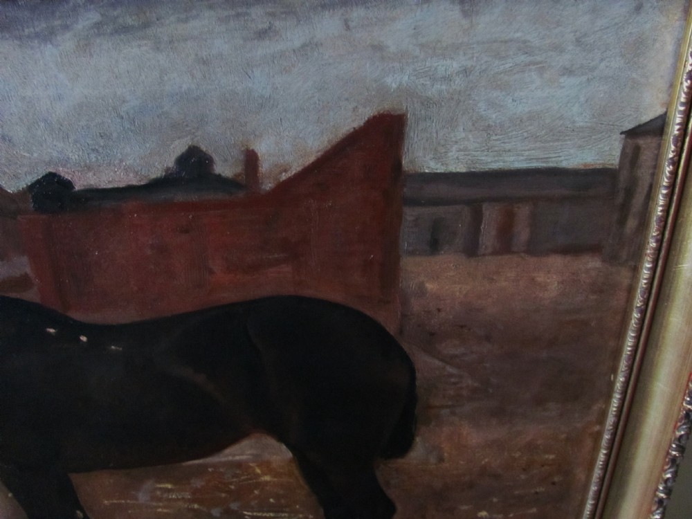 A 19th-century Victorian oil painting depicting a dark bay horse standing beside a seated soldier in a red military tunic, framed in gilt wood. View IV