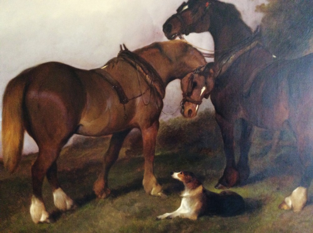 An antique oil painting depicting two working horses and a dog in a rural field landscape within a gold leaf frame. View II
