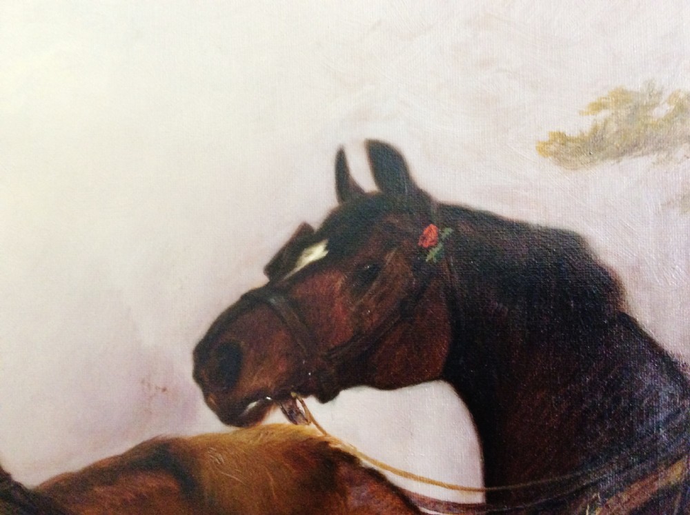 An antique oil painting depicting two working horses and a dog in a rural field landscape within a gold leaf frame. View III