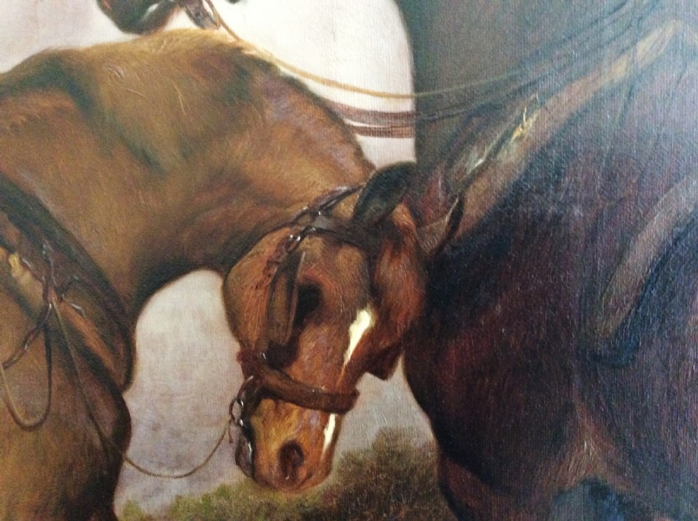 An antique oil painting depicting two working horses and a dog in a rural field landscape within a gold leaf frame. View V