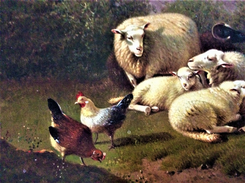 19th century landscape of Sheep and poultry in a meadow, Jacob Van Dieghem old master View II