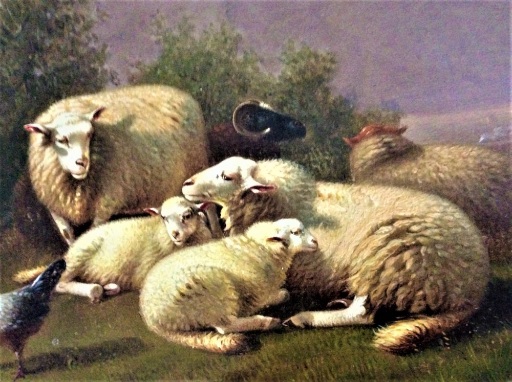 19th century landscape of Sheep and poultry in a meadow, Jacob Van Dieghem old master View III