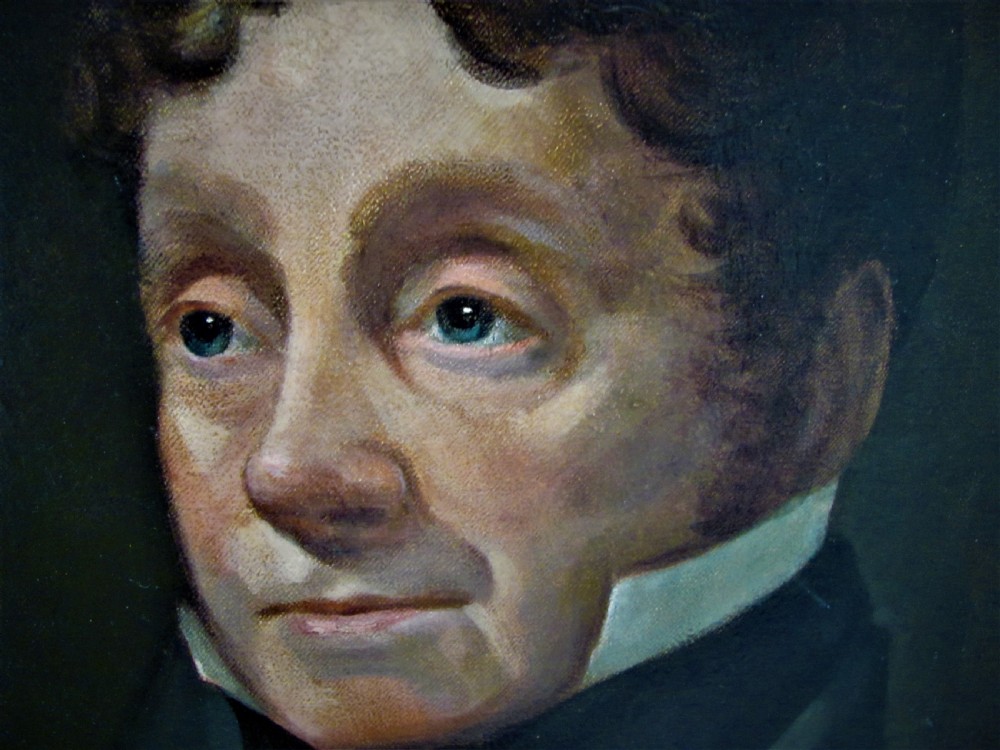 A 19th-century oil painting depicting a gentleman in a dark double-breasted jacket and white cravat, set within an ornate gilt frame decorated with oak leaf mouldings. View IV
