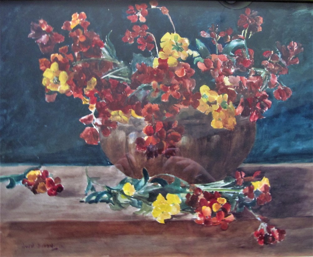A still life watercolour painting depicting a bowl of red and yellow wallflowers arranged on a wooden surface against a dark teal background. View II