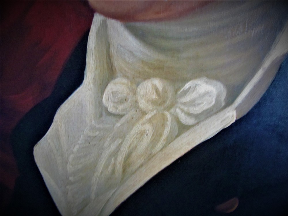 A 19th-century framed oil painting depicting a gentleman in a dark blue coat and white cravat set against a red draped backdrop. View VI