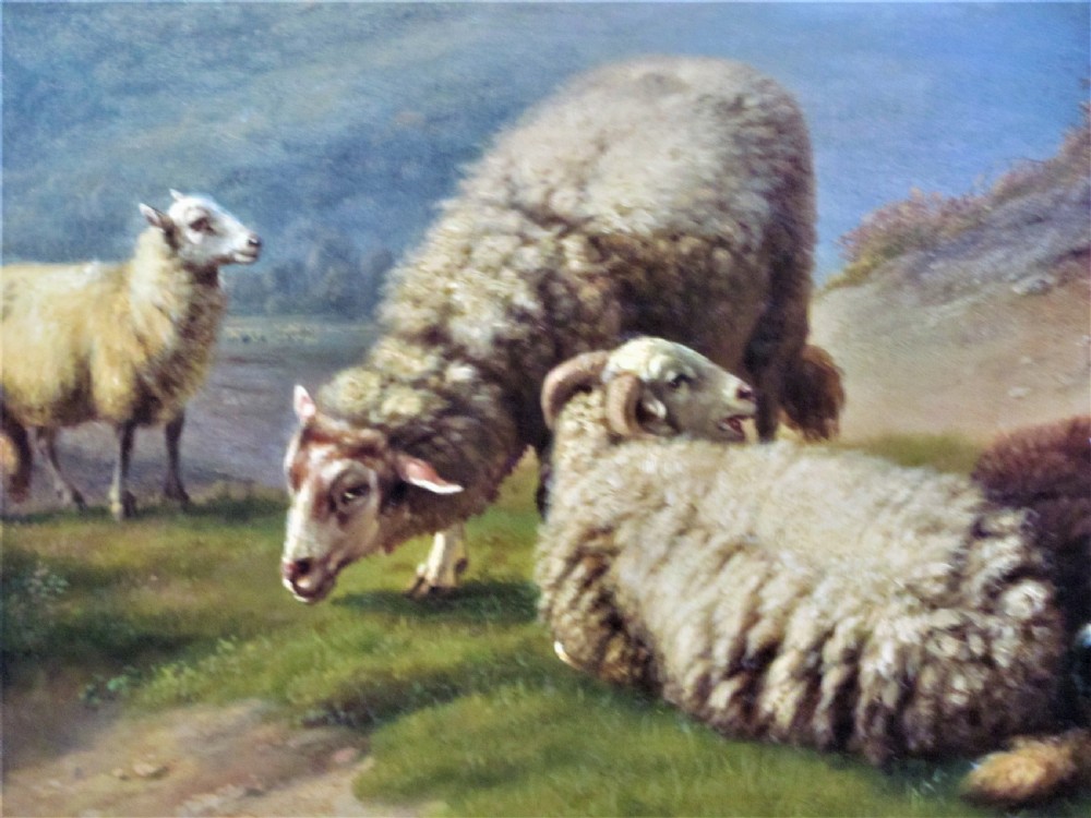 A 19th-century pastoral oil painting depicting sheep in a hilly landscape, set within an ornate gilded frame. View II