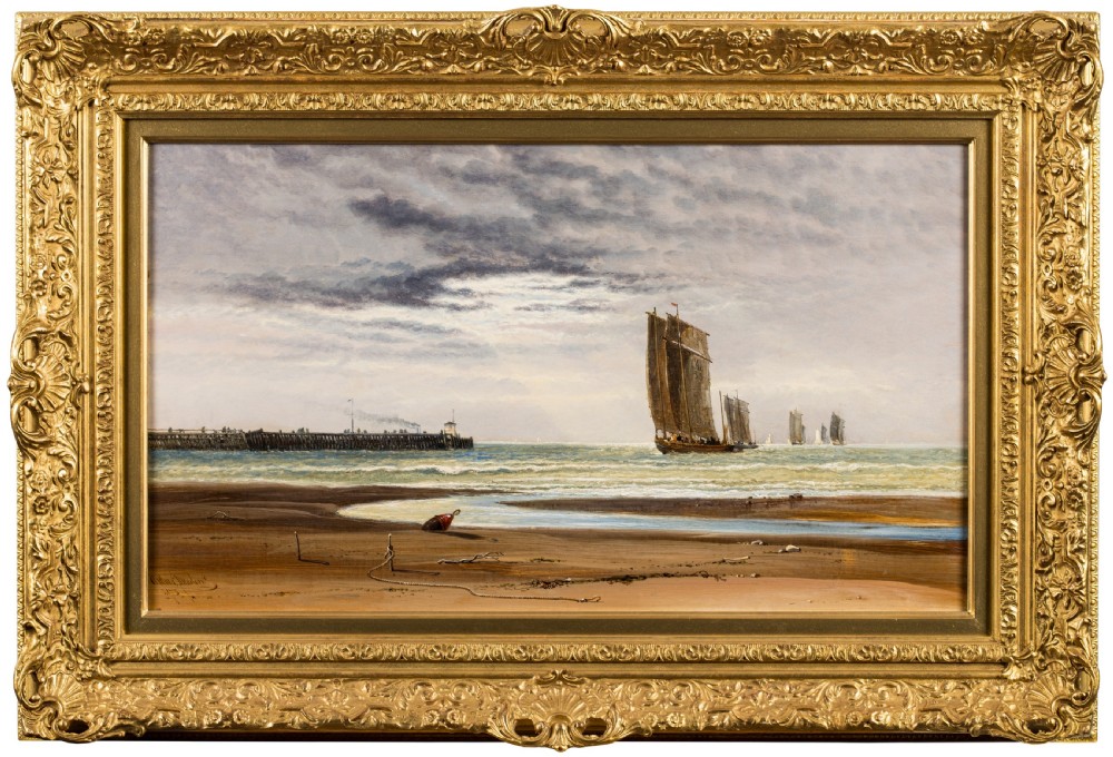 A 19th-century oil painting on canvas depicting sailing vessels off the coast of Calais with an atmospheric sky, housed within an ornate gilded frame.