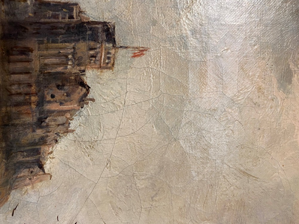 An atmospheric 19th-century oil painting depicting St Michaels Mount with a grounded sailing ship on a stormy shore, set in a gold gilt frame. View VI