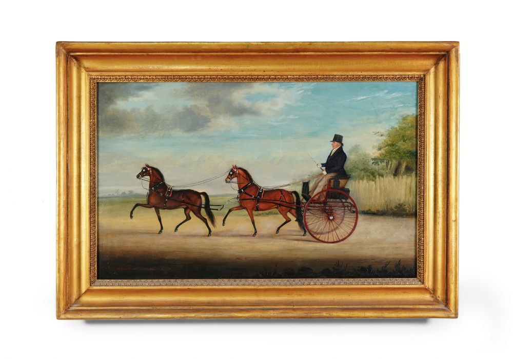 An antique oil painting depicting a gentleman driving a two-horse carriage along a country road, framed in a moulded giltwood frame.