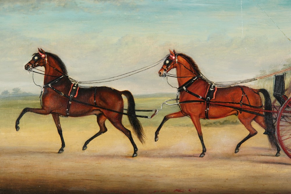 An antique oil painting depicting a gentleman driving a two-horse carriage along a country road, framed in a moulded giltwood frame. View II