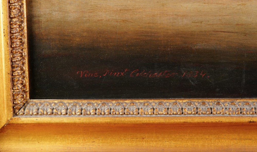An antique oil painting depicting a gentleman driving a two-horse carriage along a country road, framed in a moulded giltwood frame. View III