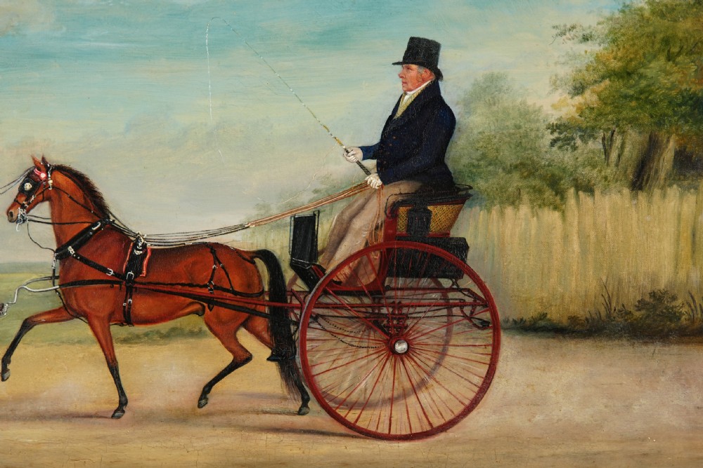 An antique oil painting depicting a gentleman driving a two-horse carriage along a country road, framed in a moulded giltwood frame. View IV