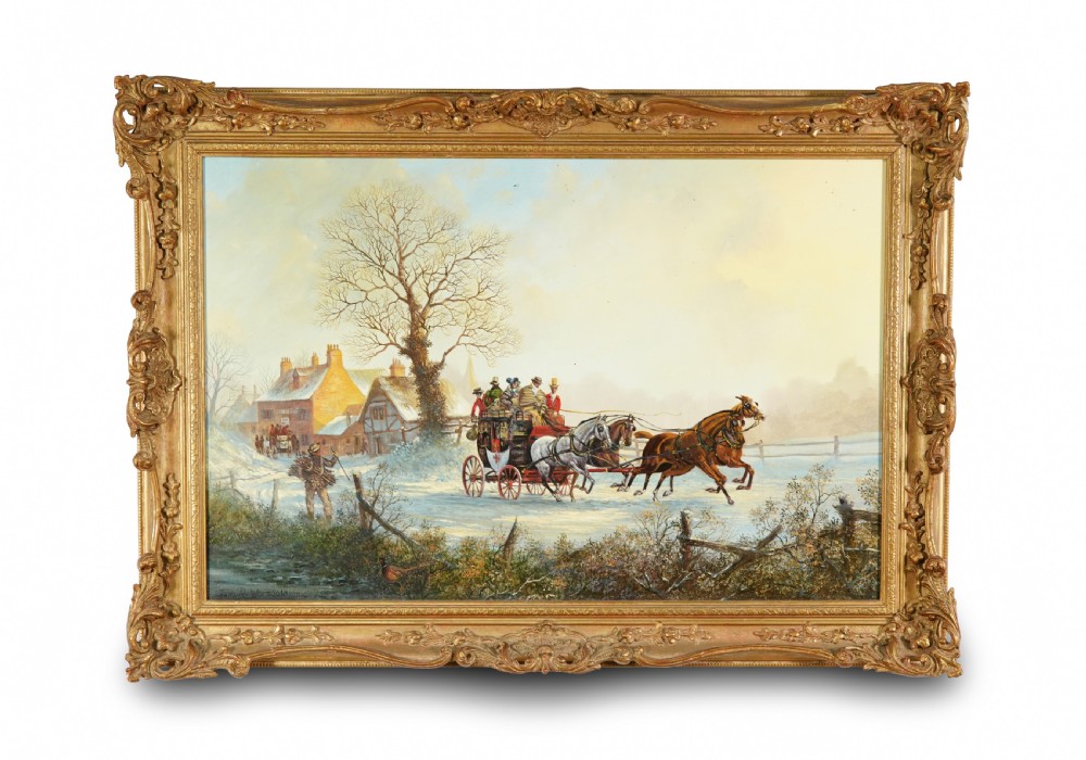 A framed oil painting depicting a four-horse stagecoach travelling along a snow-covered road past rural cottages. View II