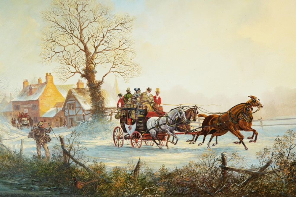 A framed oil painting depicting a four-horse stagecoach travelling along a snow-covered road past rural cottages. View III