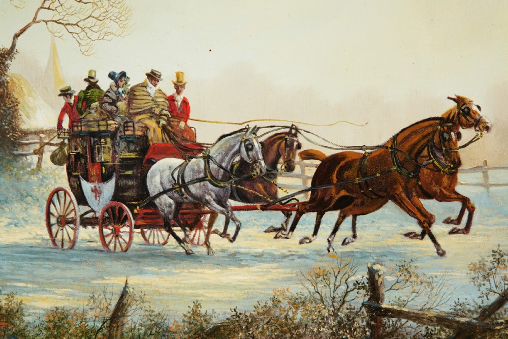 A framed oil painting depicting a four-horse stagecoach travelling along a snow-covered road past rural cottages. View IV