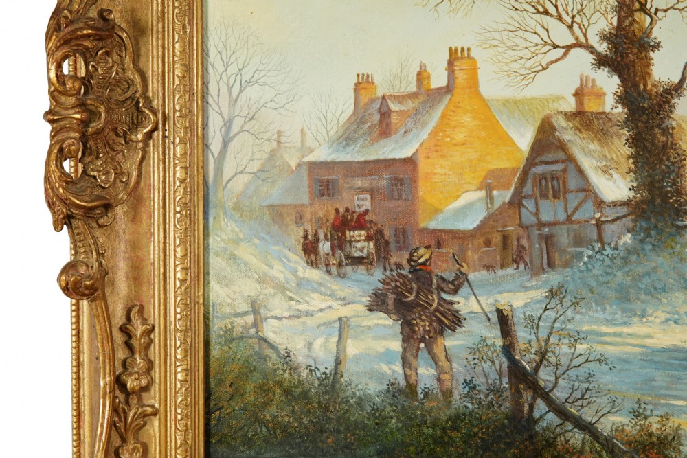 A framed oil painting depicting a four-horse stagecoach travelling along a snow-covered road past rural cottages. View V