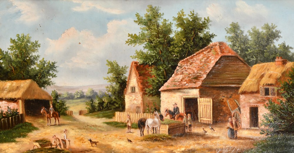 A 19th-century oil painting on canvas depicting an English farmyard scene with thatched barns, horses, and figures, presented in a swept giltwood frame. View II