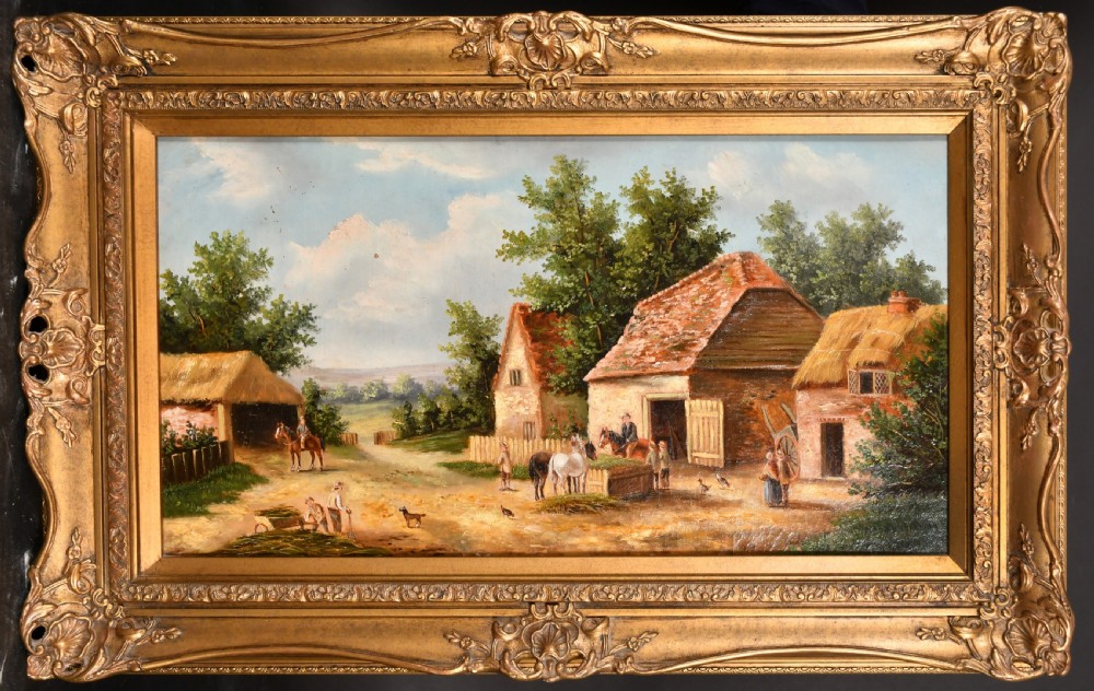 A 19th-century oil painting on canvas depicting an English farmyard scene with thatched barns, horses, and figures, presented in a swept giltwood frame. View III