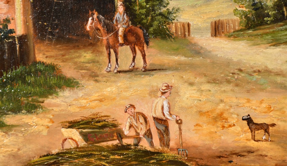 A 19th-century oil painting on canvas depicting an English farmyard scene with thatched barns, horses, and figures, presented in a swept giltwood frame. View IV