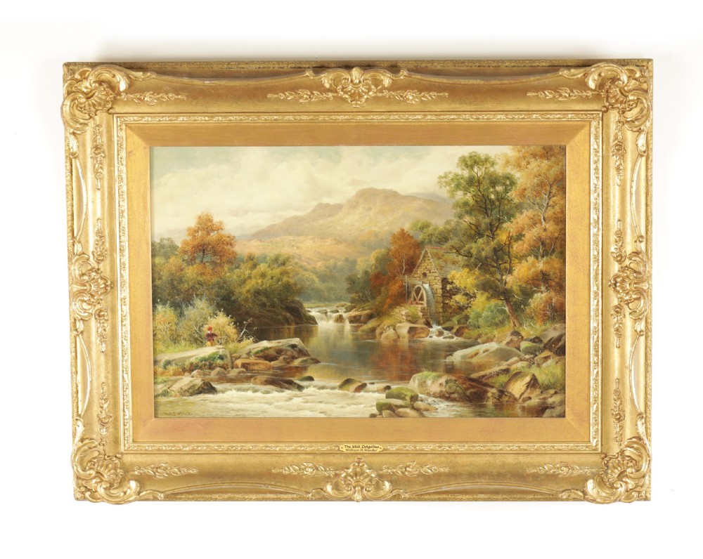 A 19th-century oil painting on canvas depicting a river, watermill, and distant mountains, housed within an ornate gilded frame.
