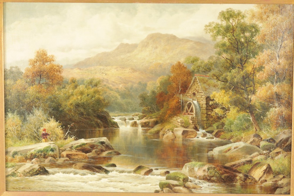 A 19th-century oil painting on canvas depicting a river, watermill, and distant mountains, housed within an ornate gilded frame. View II