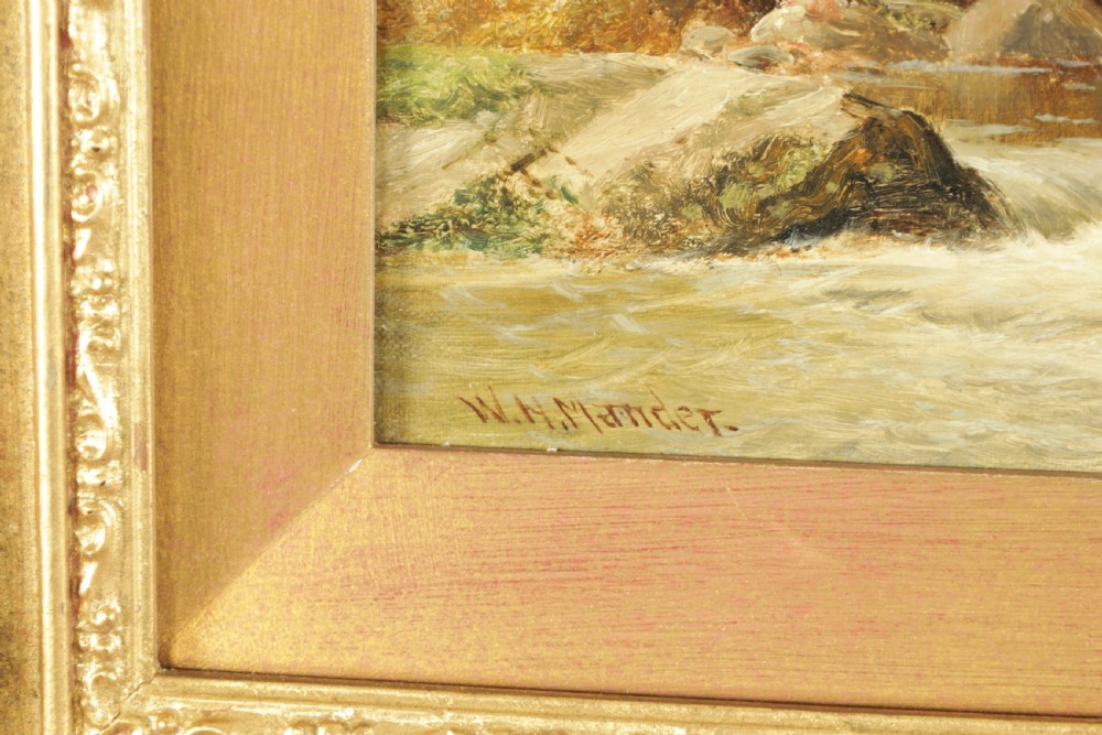 A 19th-century oil painting on canvas depicting a river, watermill, and distant mountains, housed within an ornate gilded frame. View III