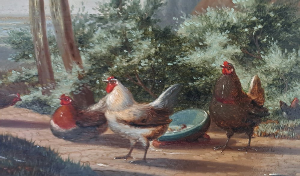 A 19th-century oil painting depicting a cockerel and several hens in a rural farmyard landscape, displayed in an ornate carved gilt frame. View III