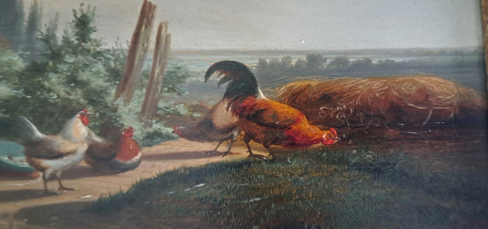 A 19th-century oil painting depicting a cockerel and several hens in a rural farmyard landscape, displayed in an ornate carved gilt frame. View IV