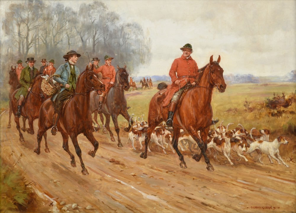 A nineteenth-century oil painting on canvas depicting fox hunters on horseback accompanied by hounds along a dirt path, enclosed in a carved gilt frame. View II