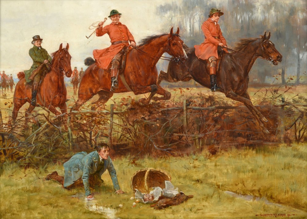 A nineteenth-century framed oil painting depicting equestrian riders in red coats clearing a hedge in a rural landscape, presented in an ornate gilt frame. View IV