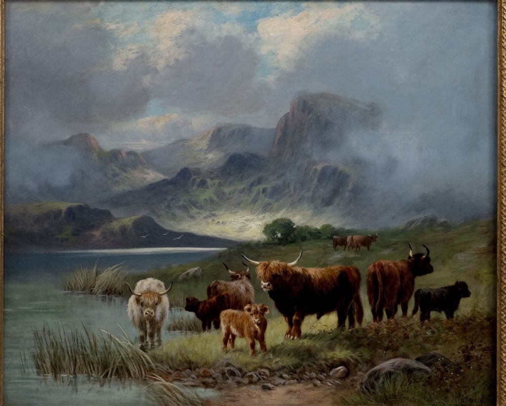 Highland cattle and Scottish mountain scene by Charles W Oswald View II
