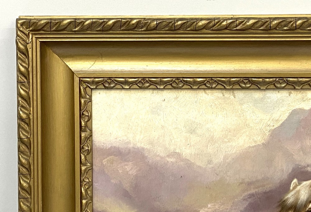 A 19th-century oil painting depicting a grey Highland pony, a gundog, and game birds in a mountainous landscape within a moulded gold frame. View VI