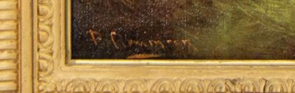 A 19th-century oil painting in a carved gilt wood frame depicting a brown pony and two resting gun dogs in a mountain landscape. View II