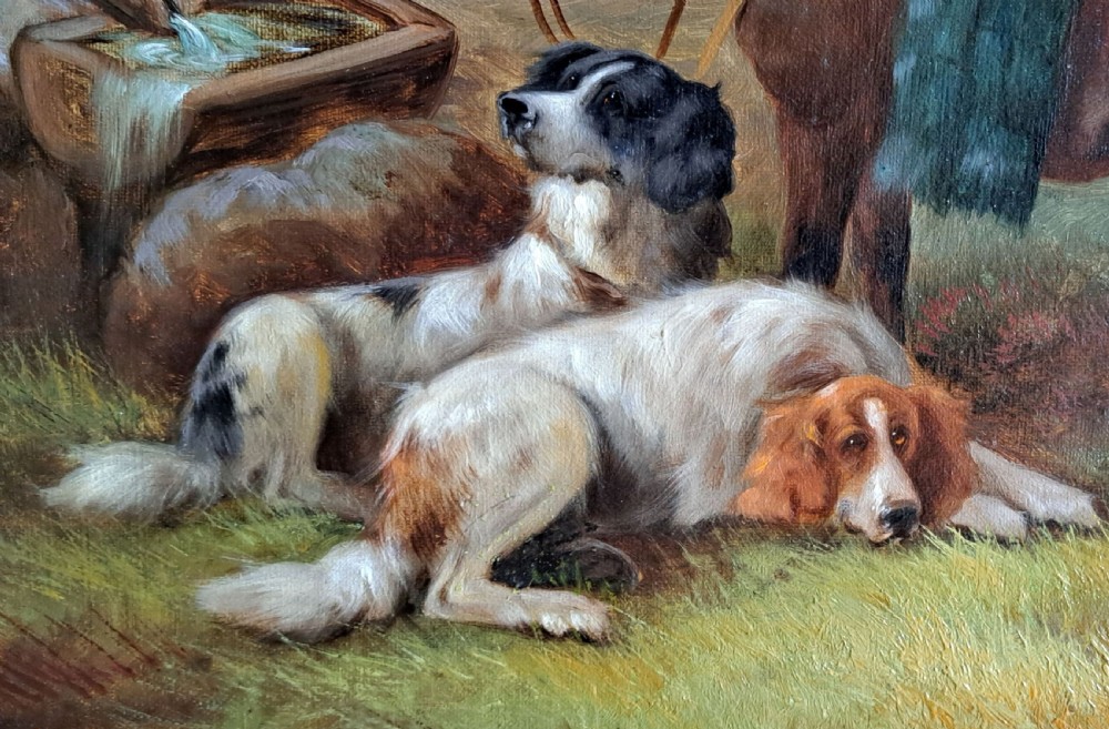 A 19th-century oil painting in a carved gilt wood frame depicting a brown pony and two resting gun dogs in a mountain landscape. View III