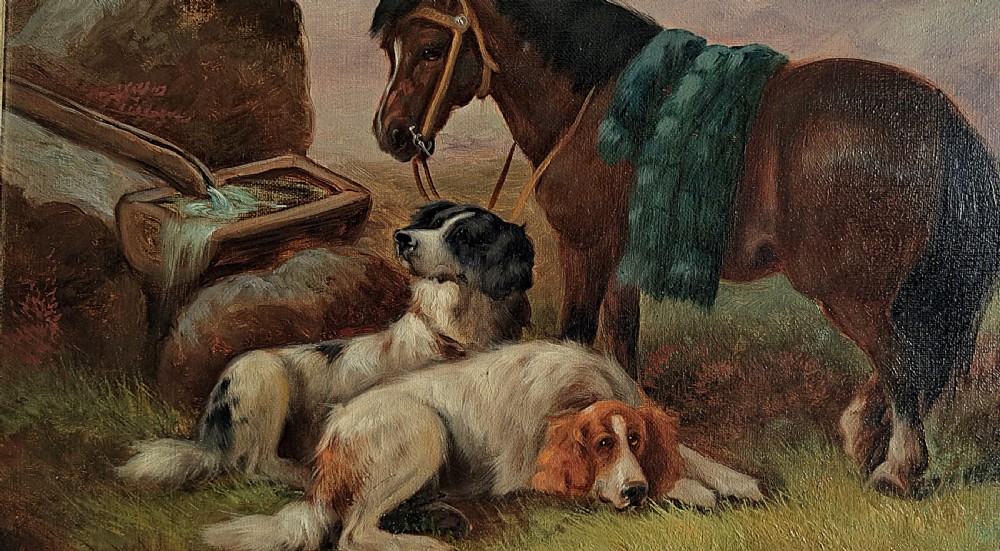 A 19th-century oil painting in a carved gilt wood frame depicting a brown pony and two resting gun dogs in a mountain landscape. View IV