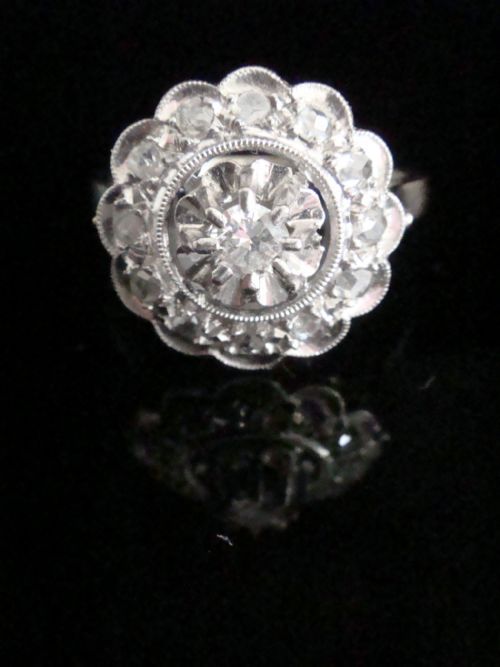 art deco french platinum white gold old cut diamond target cluster ring - CATEGORY: ANTIQUE JEWELLERY - DATED 1920