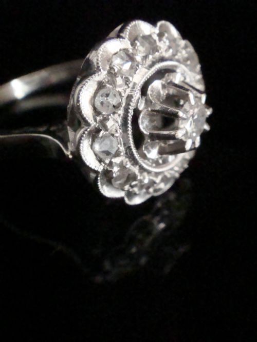 ART DECO FRENCH PLATINUM WHITE GOLD OLD CUT DIAMOND TARGET CLUSTER RING - ADDITIONAL PHOTO 1