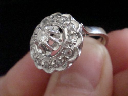 ART DECO FRENCH PLATINUM WHITE GOLD OLD CUT DIAMOND TARGET CLUSTER RING - ADDITIONAL PHOTO 2