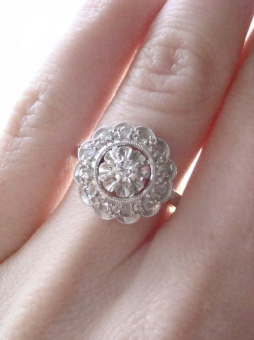 ART DECO FRENCH PLATINUM WHITE GOLD OLD CUT DIAMOND TARGET CLUSTER RING - ADDITIONAL PHOTO 5
