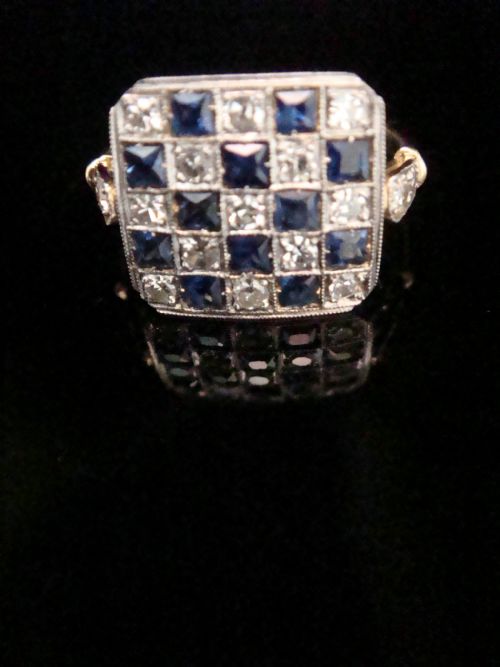 edwardian 18ct yellow gold platinum natural sapphire and diamond pave set ring - CATEGORY: ANTIQUE JEWELLERY - DATED EDWARDIAN