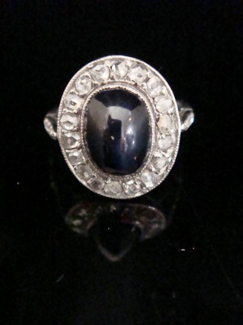 art deco french platinum natural cabacheon sapphire rose cut diamond cluster ring - CATEGORY: ANTIQUE JEWELLERY - DATED 1920